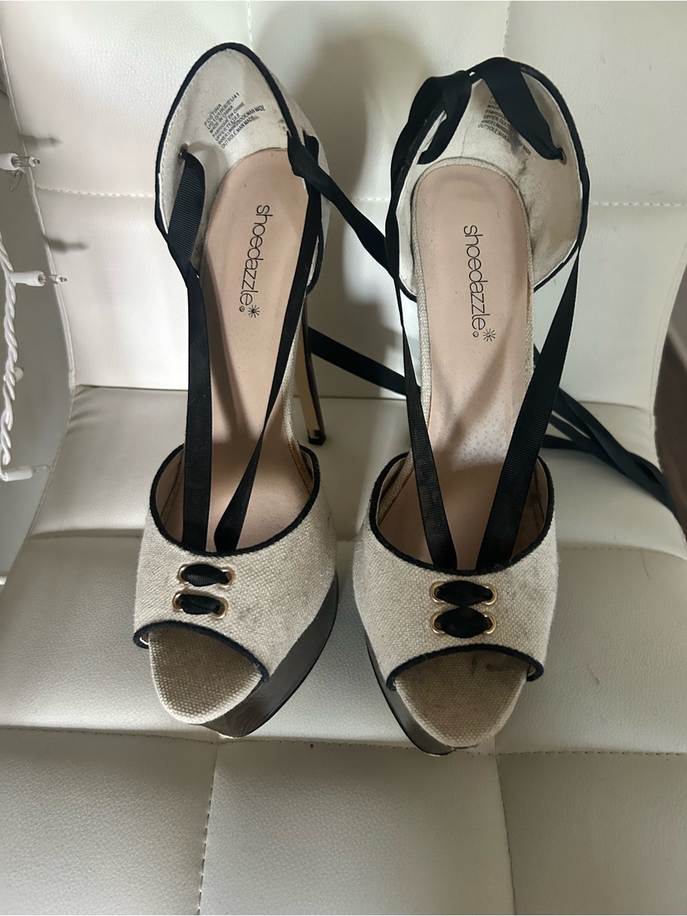 Shoe Dazzle Cream Linen Peep-Toe Platform Heels with Black Trim and Ribbon Ties